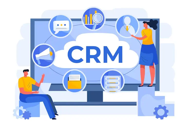 CRM system illustration with icons